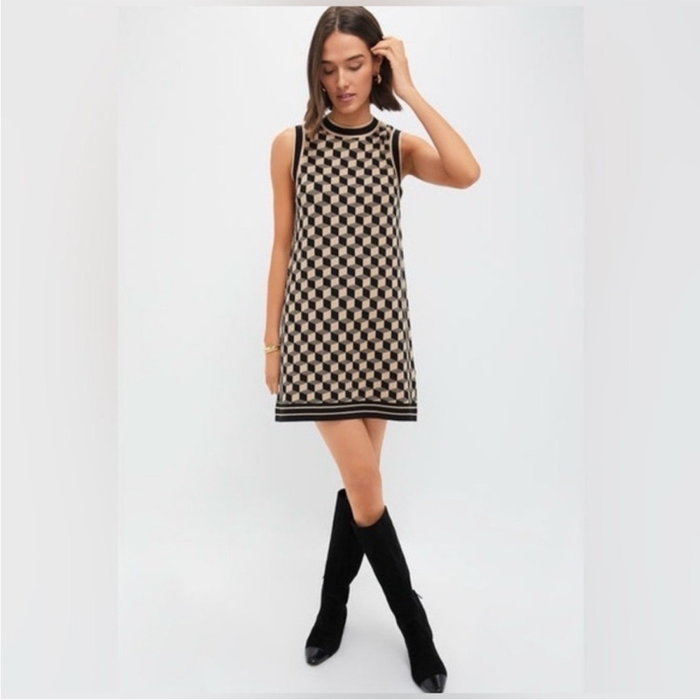 Camila Coelho Geo Print Checkered Knit Sleeveless Dress in Tan & Black Sz XS